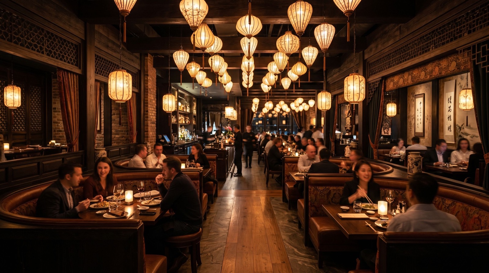 Atmospheric stylish pan-Asian restaurant interior with lanterns